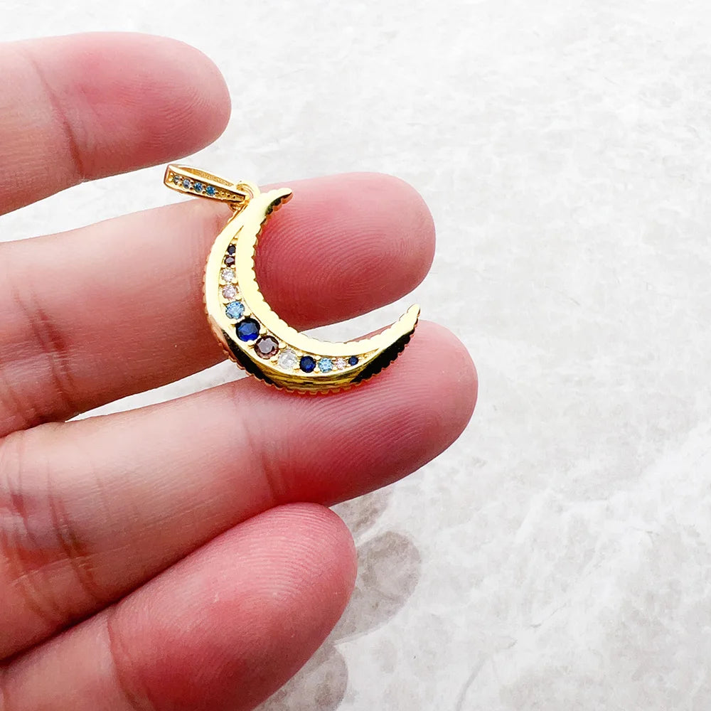 Royal Moon Crescent Pendant – 925 Sterling Silver with Blue Zircon Accents