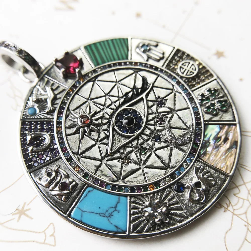 Grand Cosmic Amulet – 18K Gold-Plated 925 Sterling Silver Talisman with Turquoise & Lucky Symbols