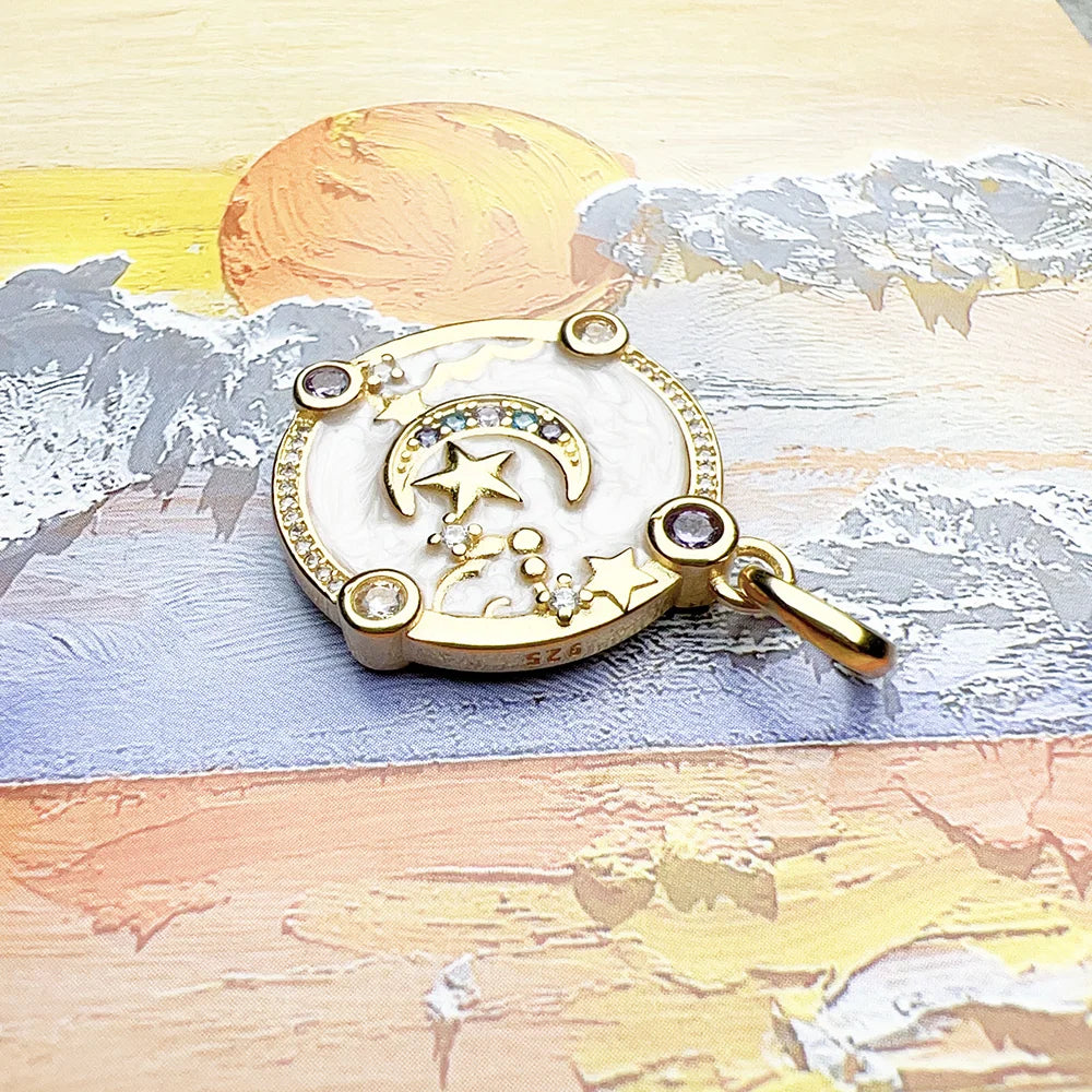 Crescent Moon, Stars & Clouds Pendant – 925 Sterling Silver with Zircon & Enamel Accents