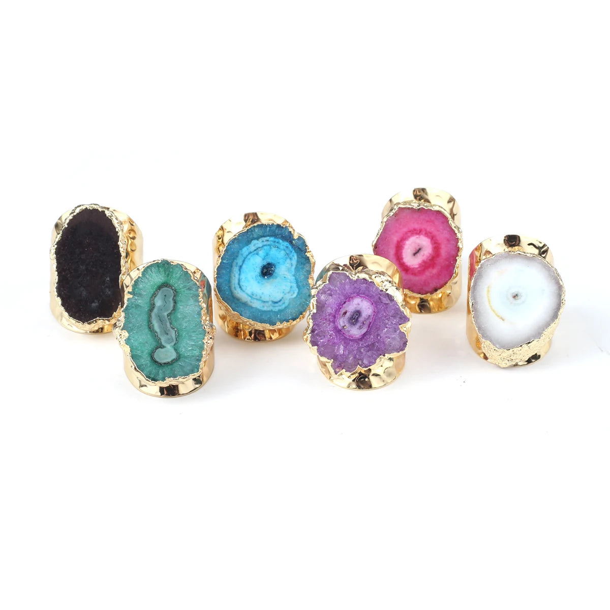 Natural Agate Stone Adjustable Ring – Irregular Crystal Druse with Gold Wrap (Healing Jewelry)