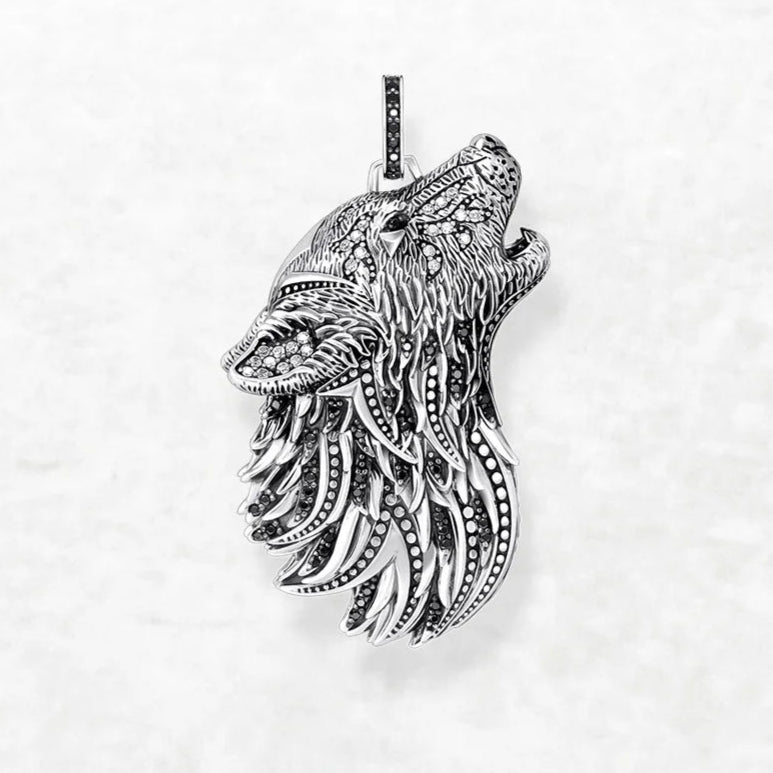 Howling Wolf Pendant – 925 Sterling Silver with Zircon Accents (Unisex)