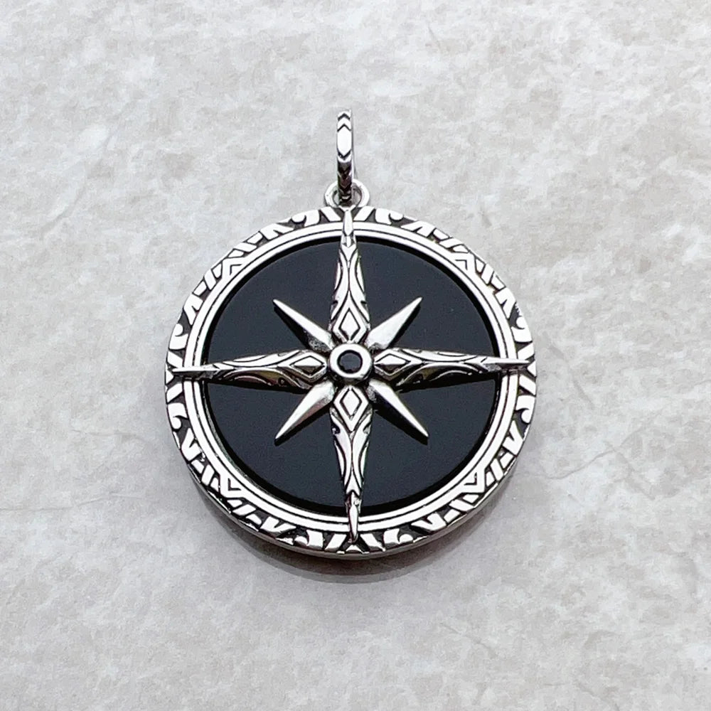 Brie & Marie Black Compass Pendant with Onyx – 925 Sterling Silver Talisman Necklace
