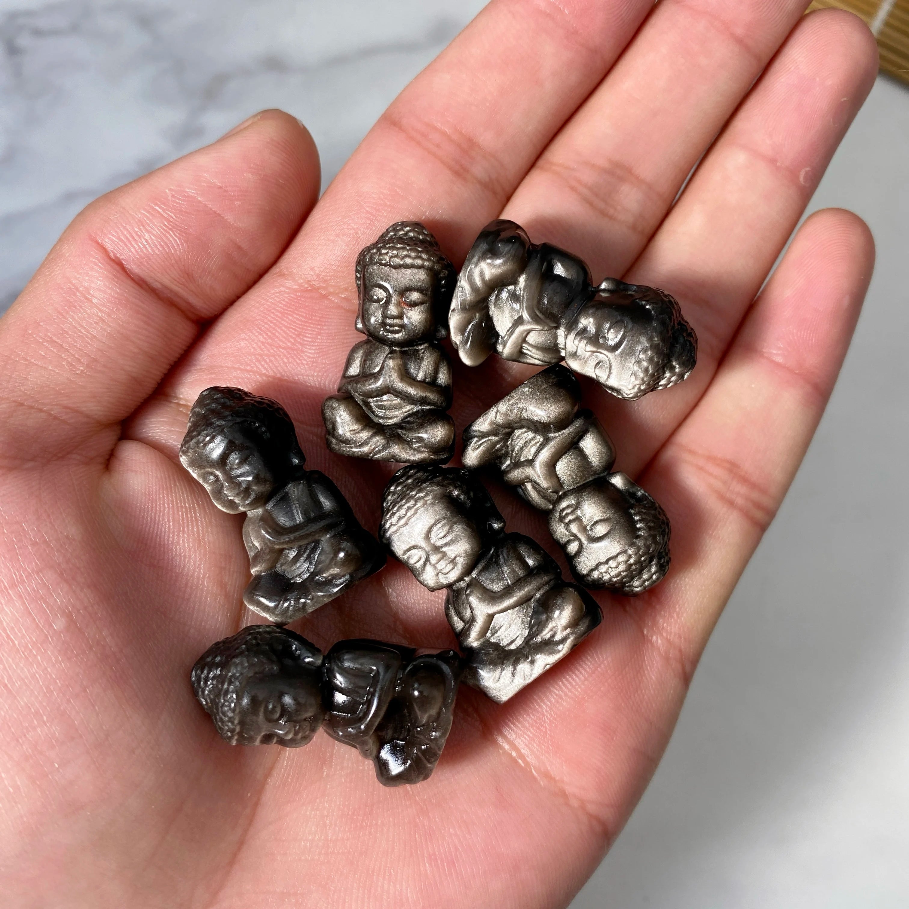 Silver Obsidian Mini Buddha Carving – Handcrafted Crystal Statue (Random 1PC, 1.9–3cm)