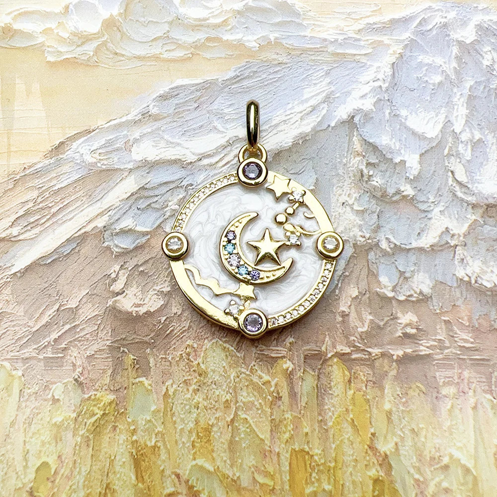 Crescent Moon, Stars & Clouds Pendant – 925 Sterling Silver with Zircon & Enamel Accents