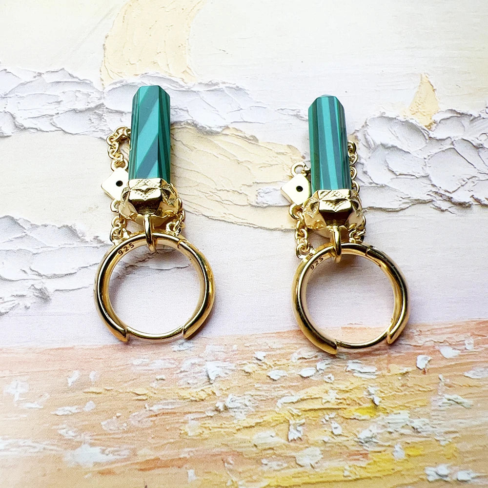 Gold-Plated Hoop Earrings with Green Malachite – 925 Sterling Silver Unisex Jewelry