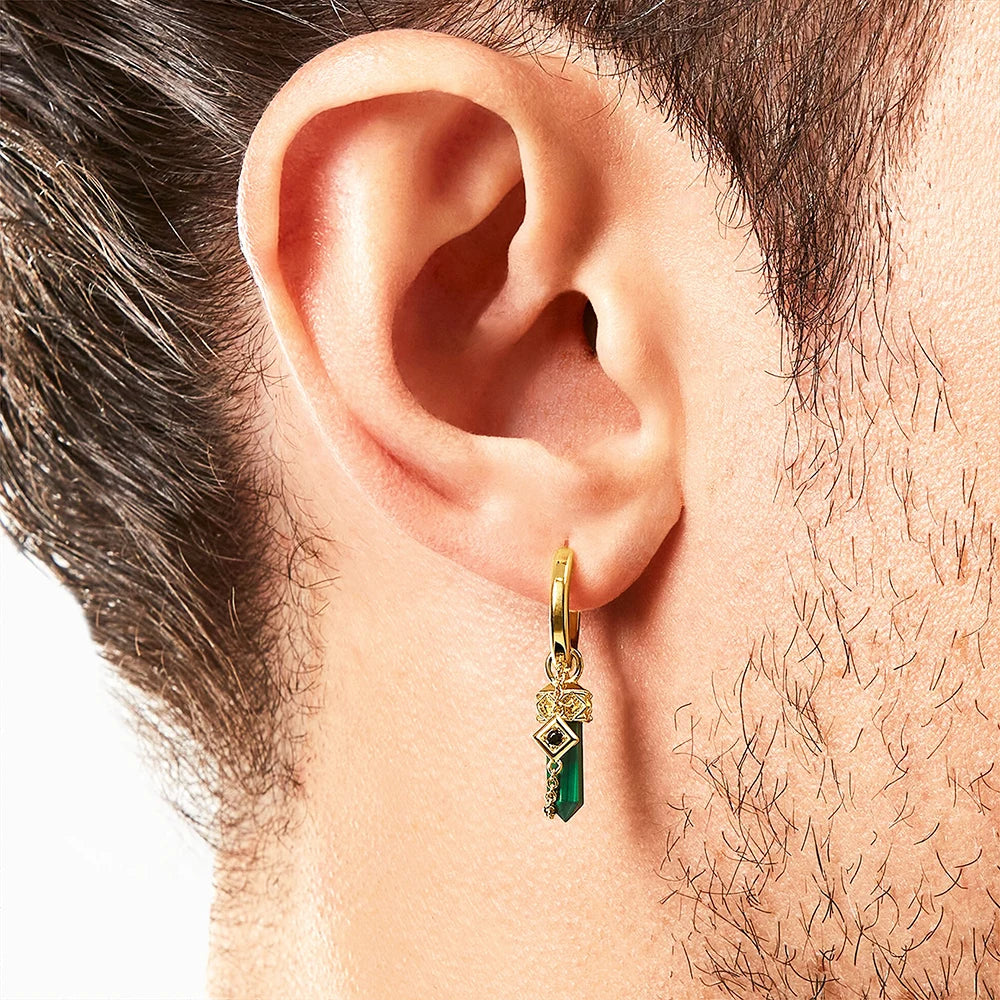 Gold-Plated Hoop Earrings with Green Malachite – 925 Sterling Silver Unisex Jewelry