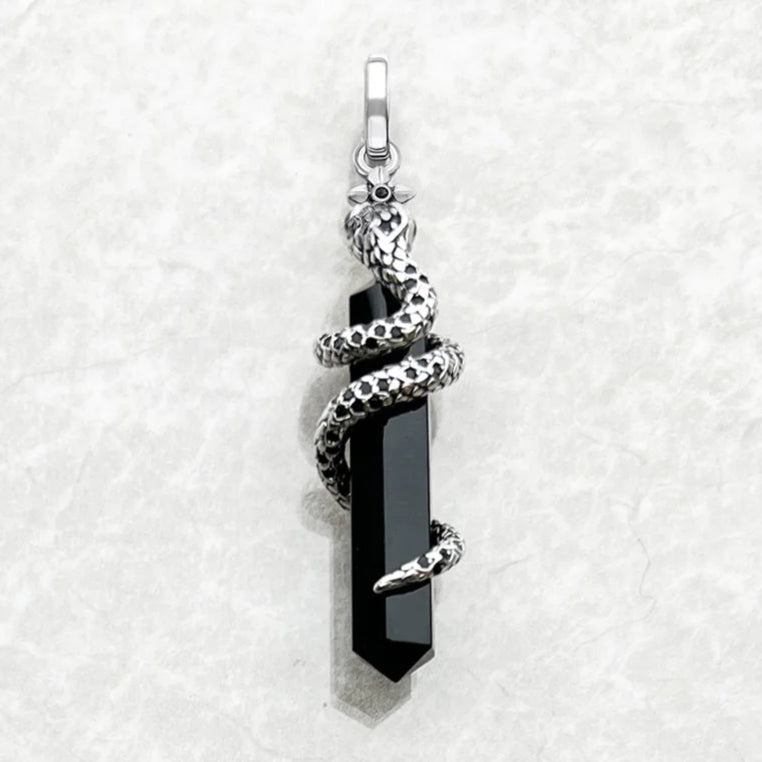 Mystical Snake & Black Onyx Pendant – 925 Sterling Silver Hexagon Crystal Necklace