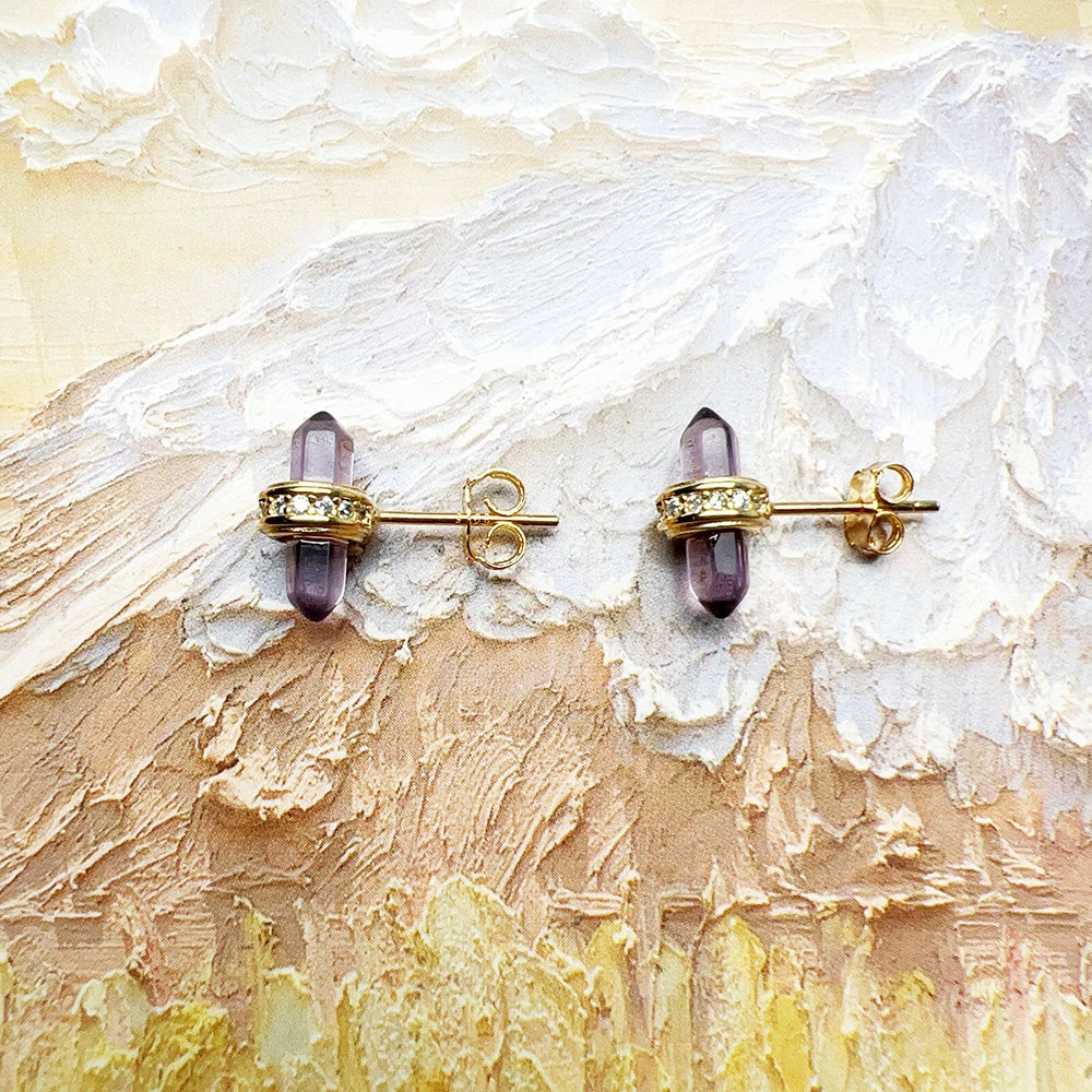 Amethyst Crystal Stud Earrings – 18K Gold Plated 925 Sterling Silver Bohemian Jewelry