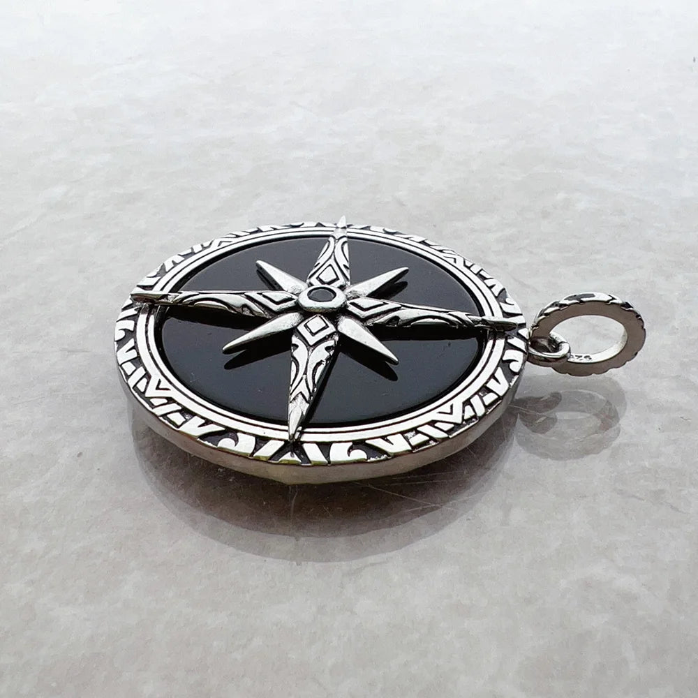 Brie & Marie Black Compass Pendant with Onyx – 925 Sterling Silver Talisman Necklace