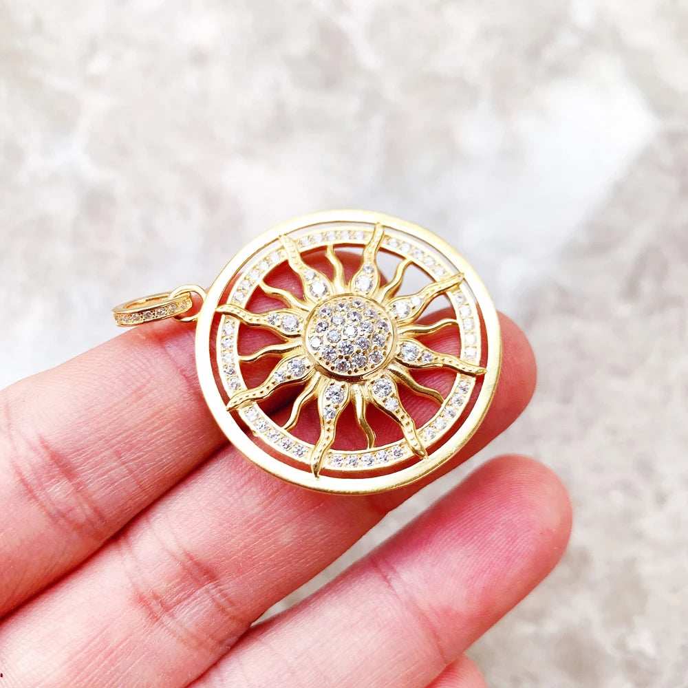 Golden Sun Amulet Pendant – 925 Sterling Silver with Zircon Accents