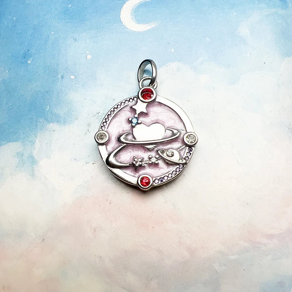 Brie & Marie Pink Heart Planet Pendant – 925 Sterling Silver Cosmic Talisman with Enamel & Zircon