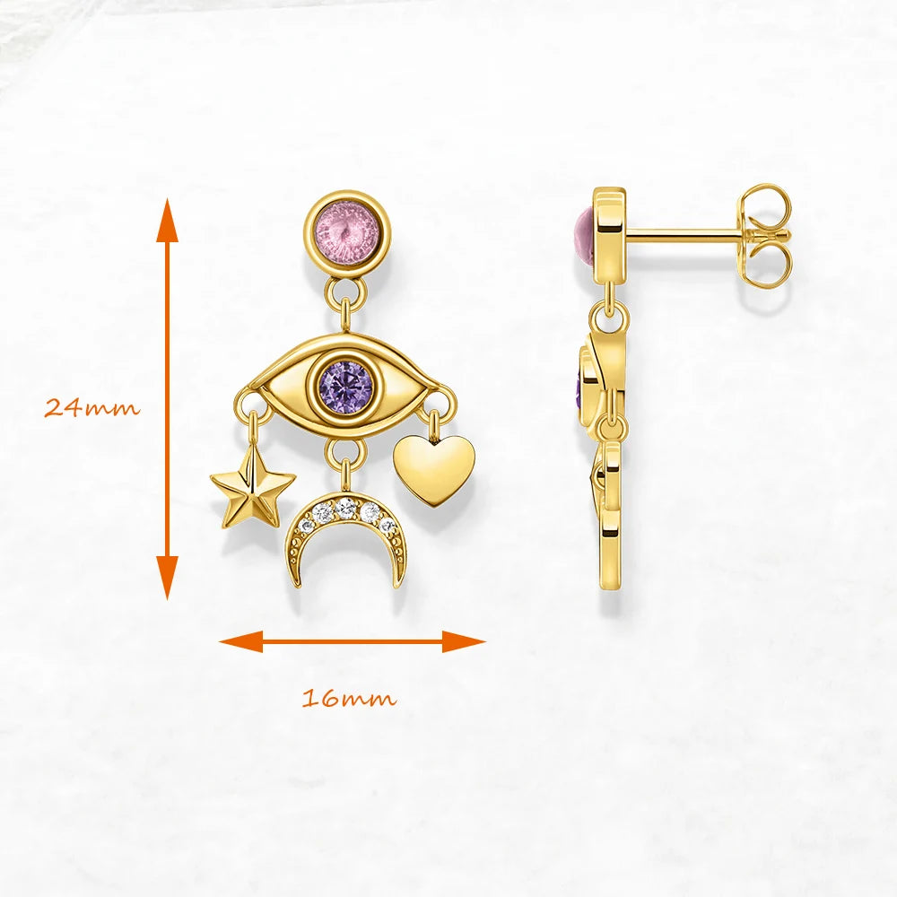 Cosmic Talisman Eye, Star, Moon & Heart Drop Earrings – 925 Sterling Silver with Zircon & 18k Gold Accents