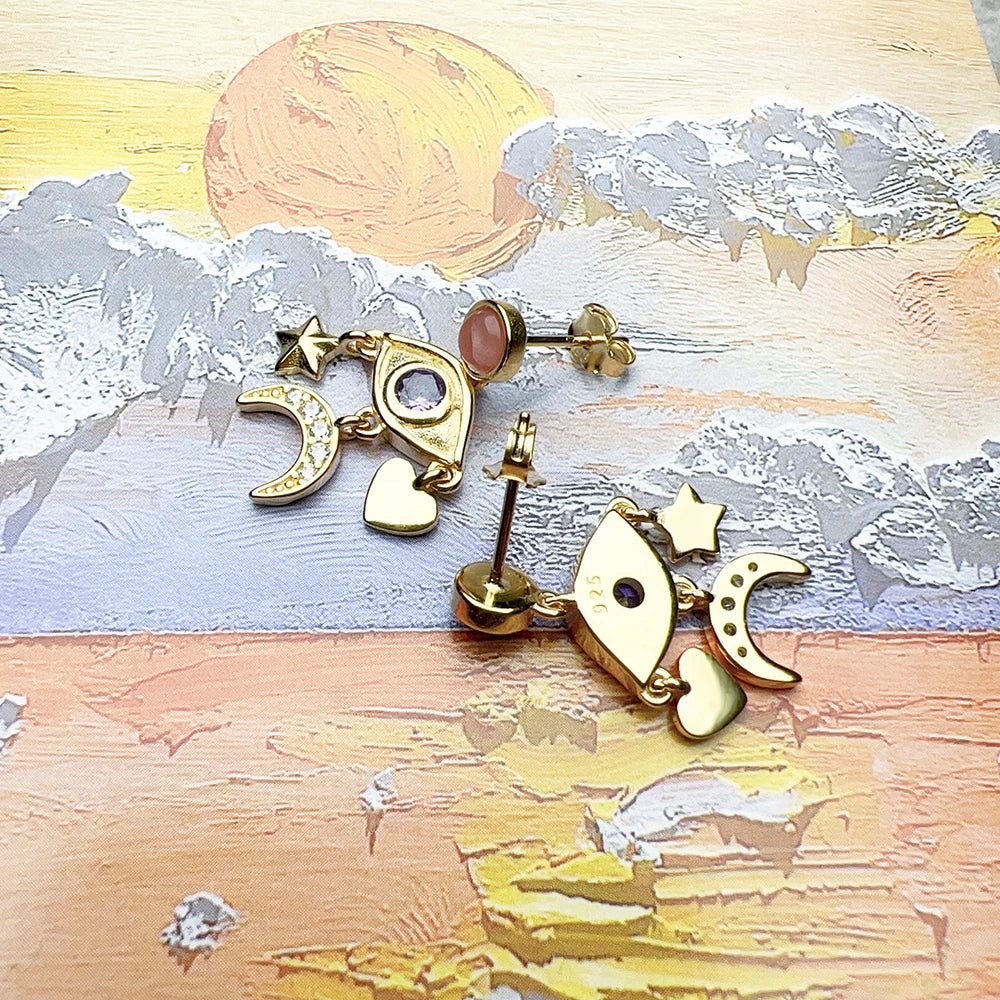 Cosmic Talisman Eye, Star, Moon & Heart Drop Earrings – 925 Sterling Silver with Zircon & 18k Gold Accents