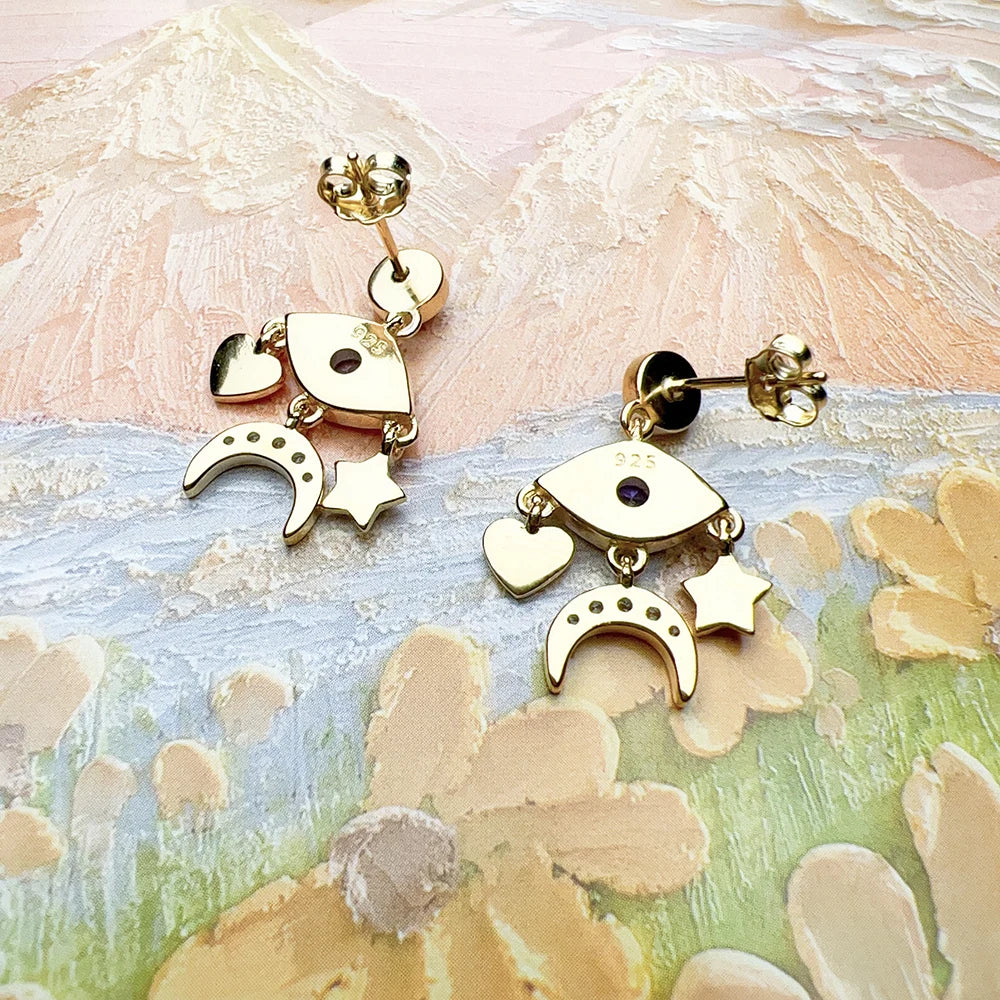 Cosmic Talisman Eye, Star, Moon & Heart Drop Earrings – 925 Sterling Silver with Zircon & 18k Gold Accents