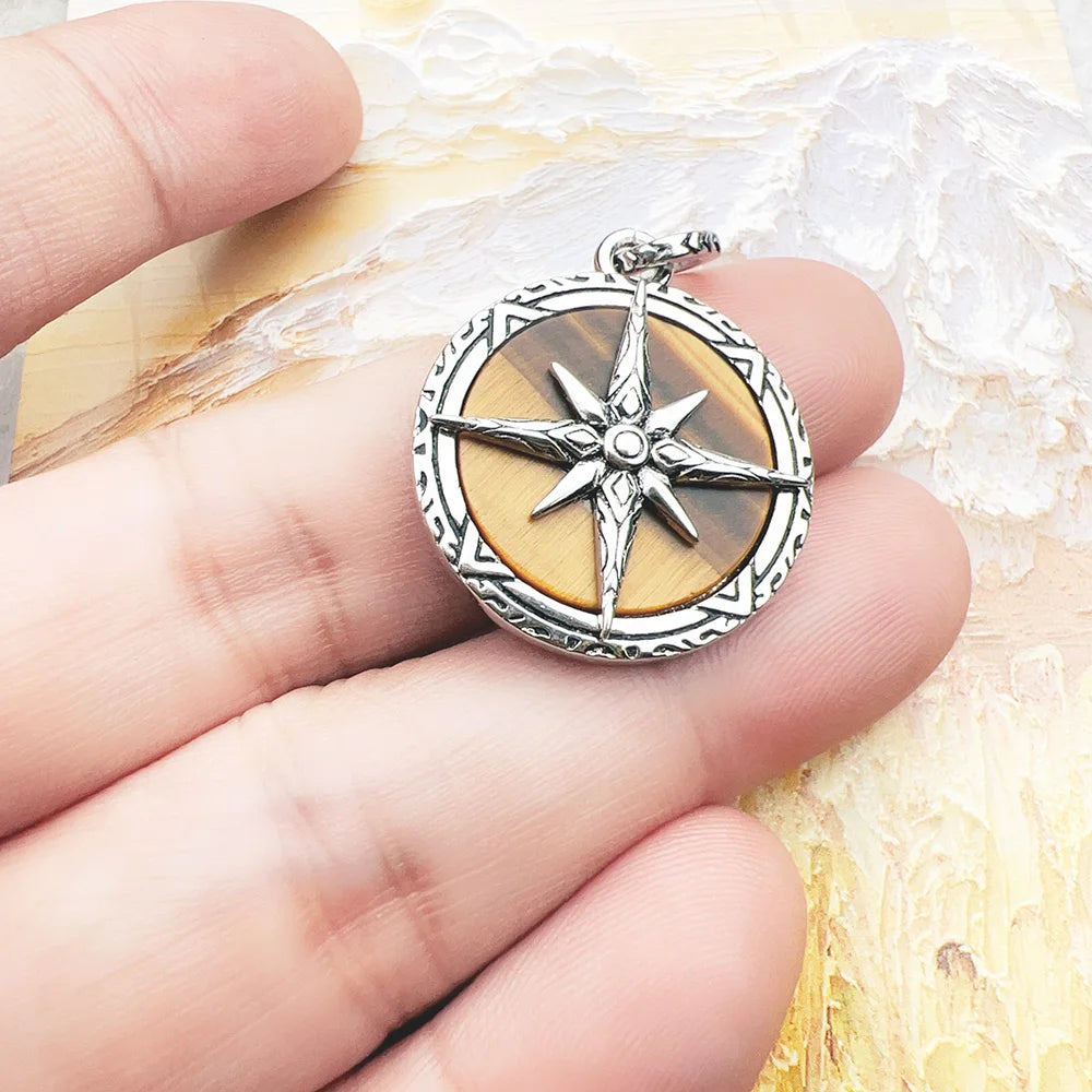 Brie & Marie Compass Pendant with Tiger Eye – 925 Sterling Silver Vintage Talisman Necklace