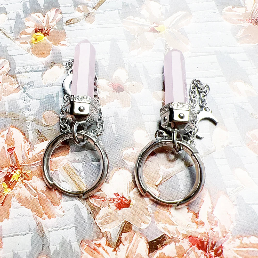 Brie & Marie Rose Quartz Hexagon Crystal Hoop Earrings – 925 Sterling Silver Hoops of Love & Healing