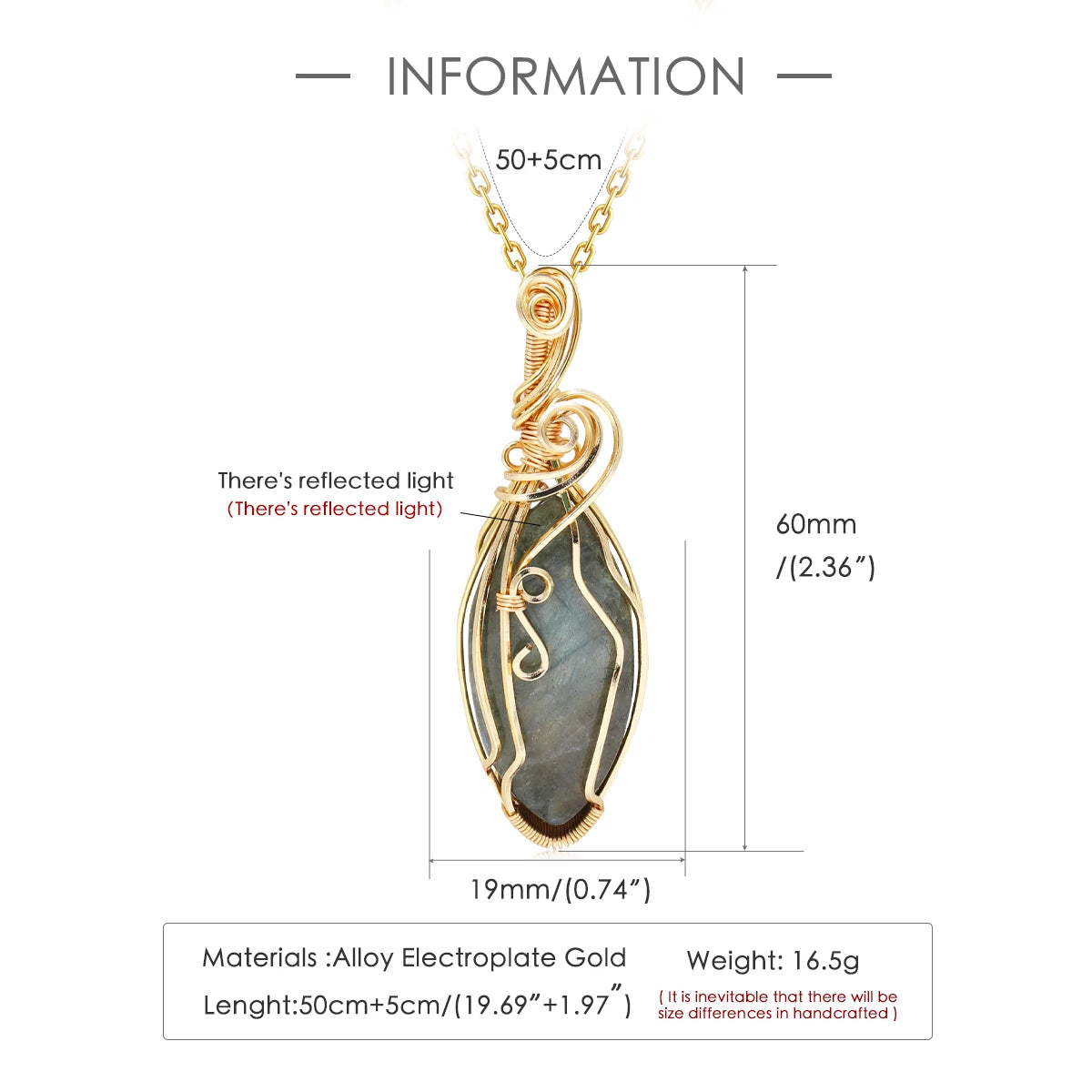 ✨ Handmade Natural Labradorite Pendant – Copper Wire Wrapped Necklace with Chain (50+5cm)