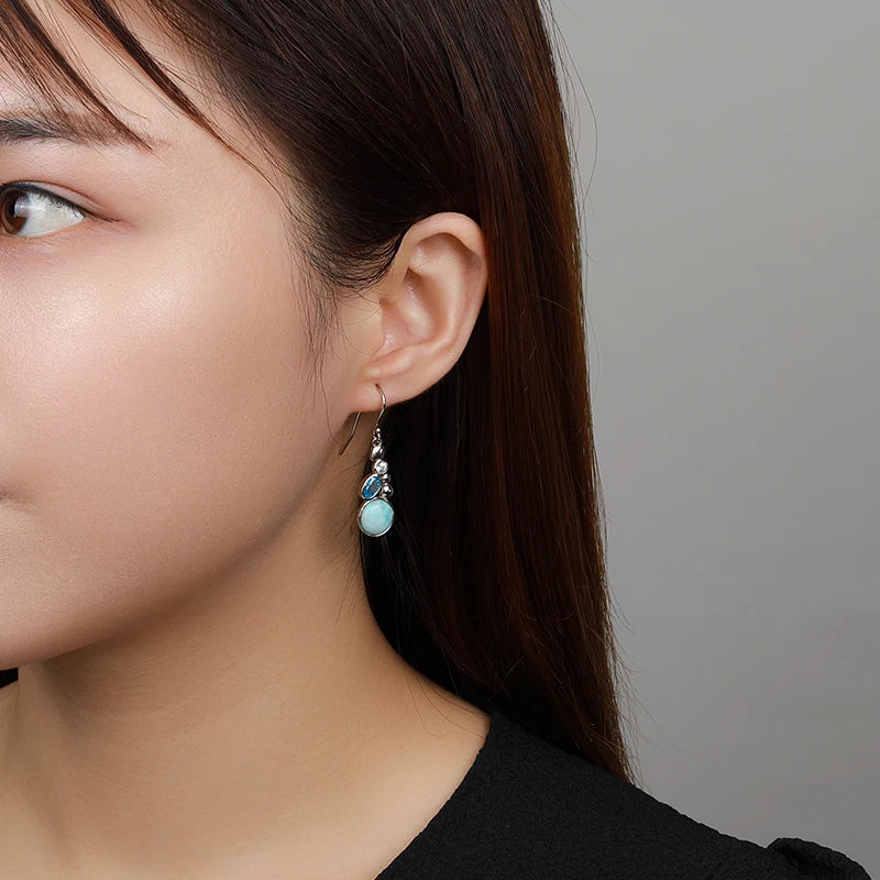 Ocean Whisper Larimar Cascade Earrings – 925 Sterling Silver with Platinum Plating for Serenity &amp; Manifestation
