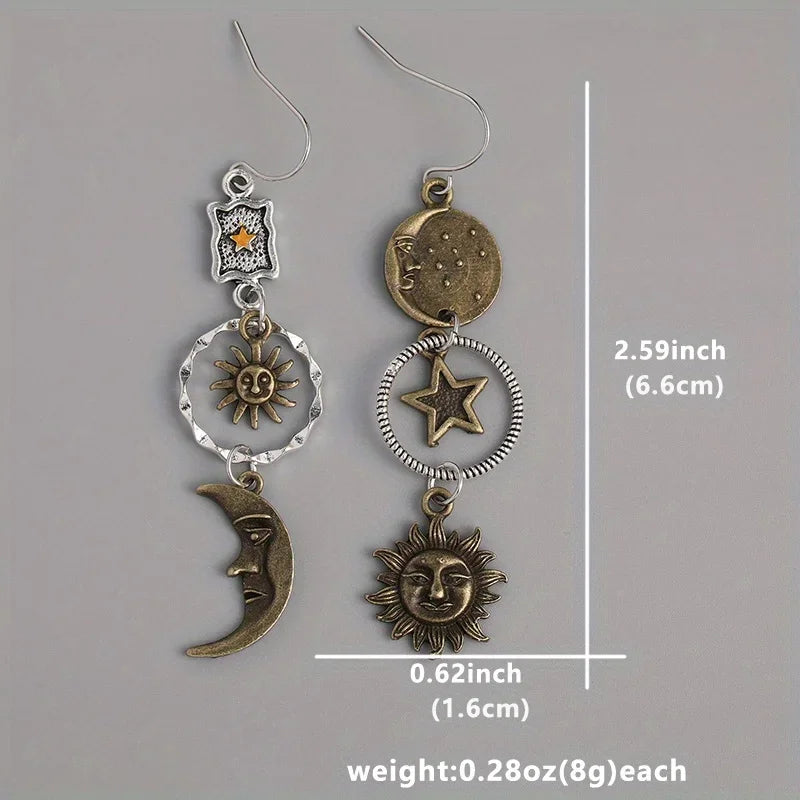 Creative Retro Asymmetrical Antique Copper Star and Moon Pendant Earrings, Personalized Earring Accessories for Women's Parties