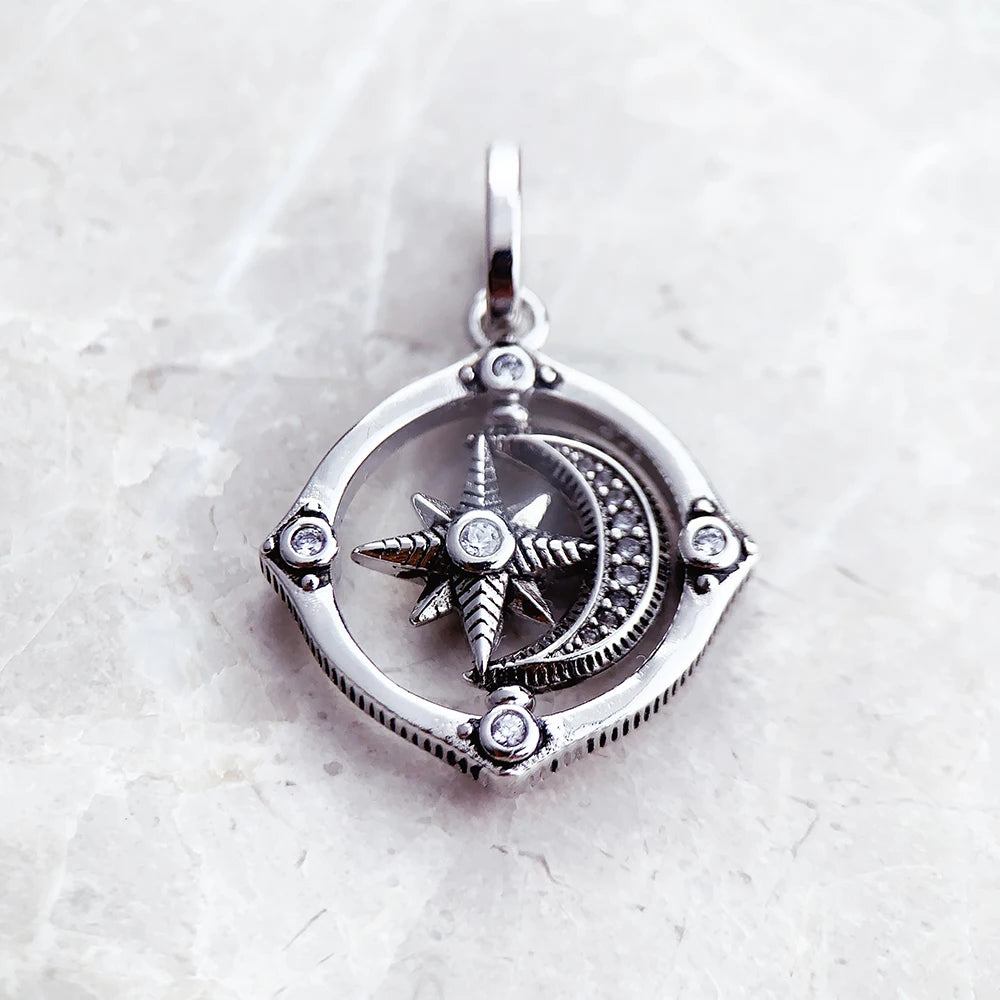 Brie & Marie Spinning Moon & Star Pendant – 925 Sterling Silver Cosmic Zircon Necklace