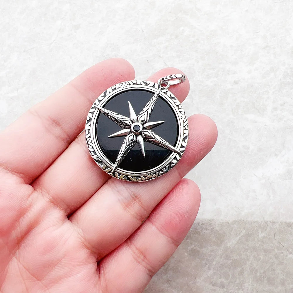 Brie & Marie Black Compass Pendant with Onyx – 925 Sterling Silver Talisman Necklace