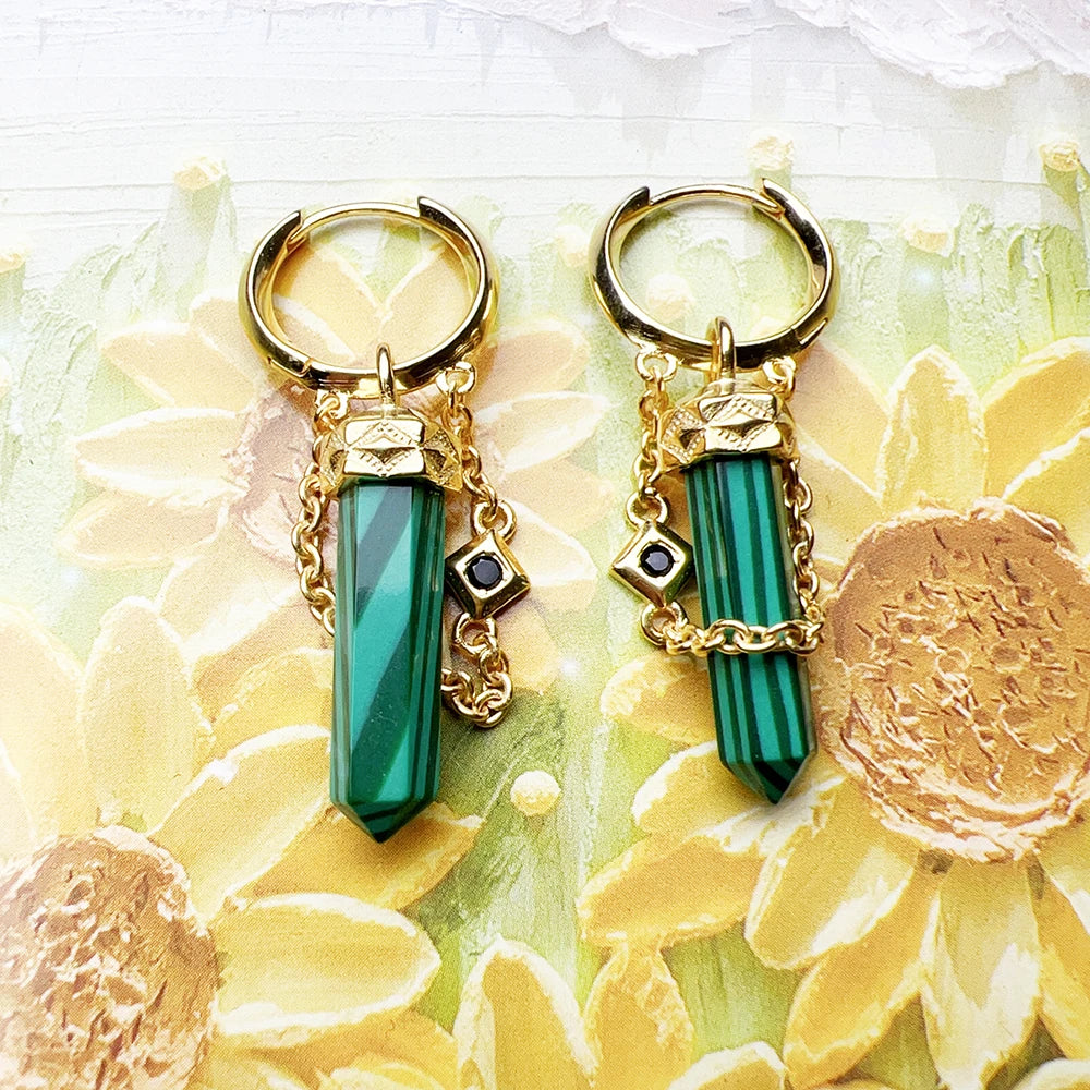 Gold-Plated Hoop Earrings with Green Malachite – 925 Sterling Silver Unisex Jewelry