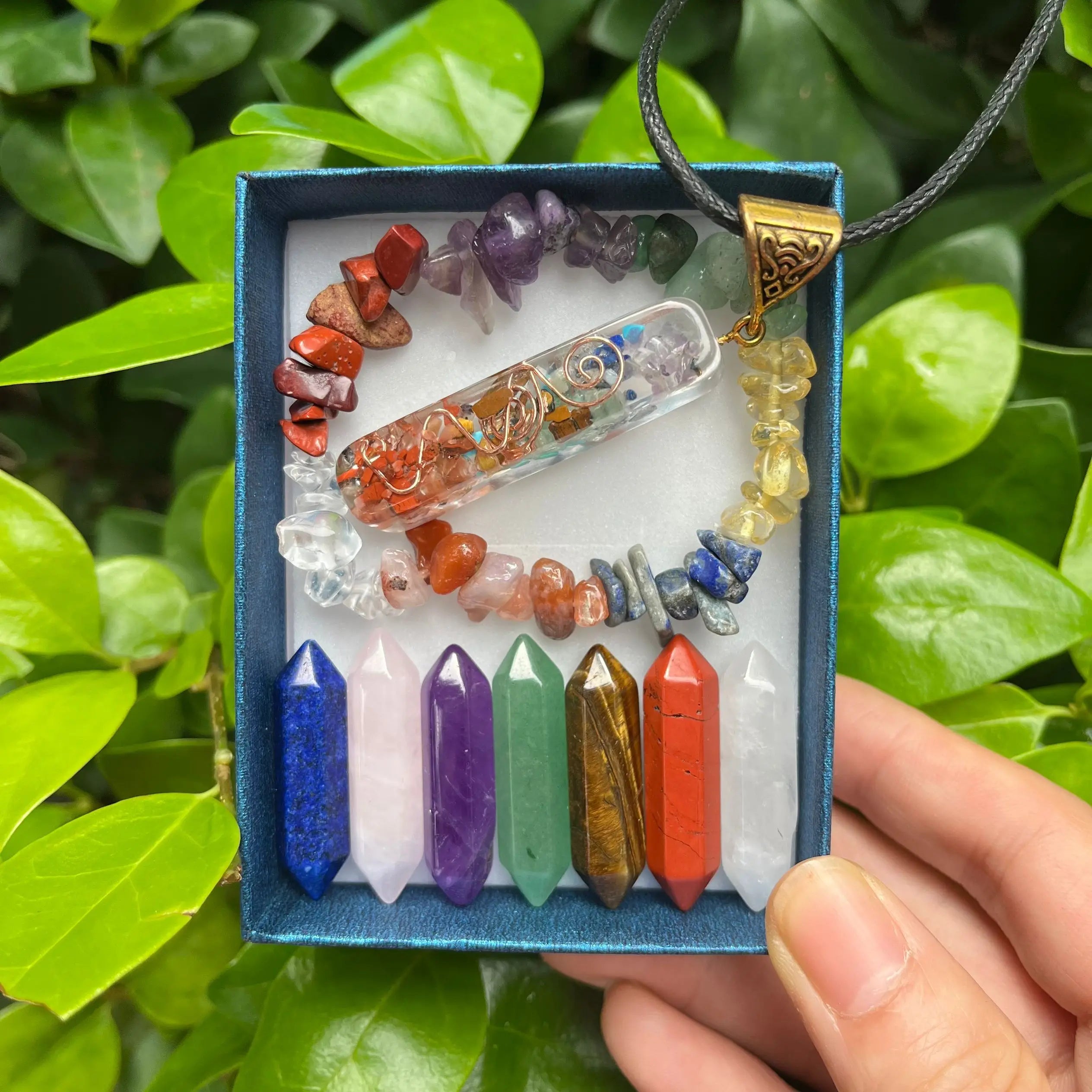 🌈 9pcs Chakra Healing Quartz Crystal Set – Pointed Hexagon Gemstones for Meditation & Energy Balance