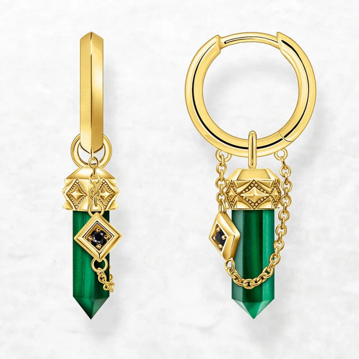 Gold-Plated Hoop Earrings with Green Malachite – 925 Sterling Silver Unisex Jewelry