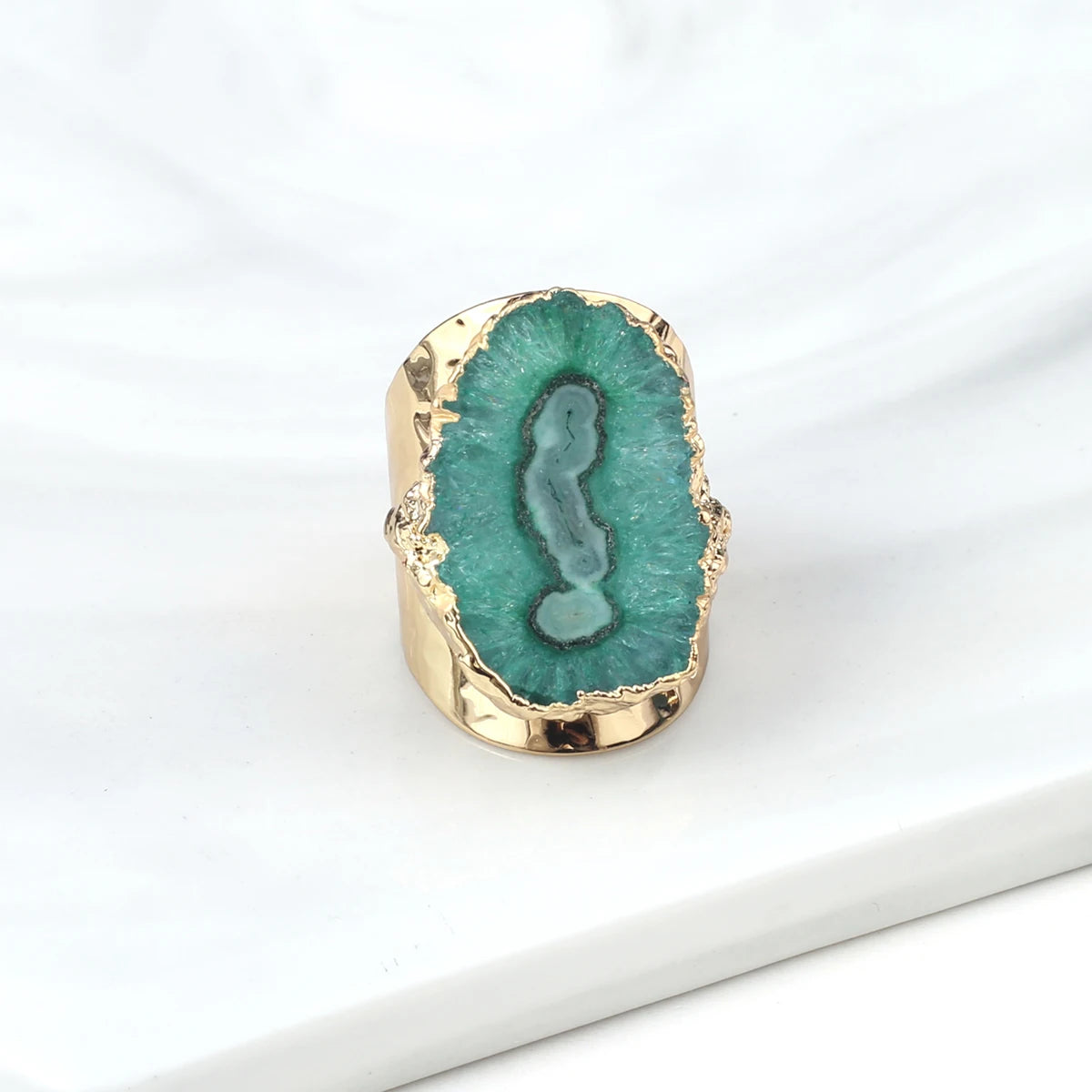 Natural Agate Stone Adjustable Ring – Irregular Crystal Druse with Gold Wrap (Healing Jewelry)