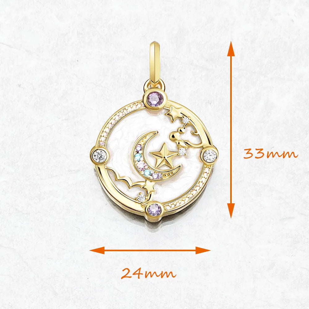 Crescent Moon, Stars & Clouds Pendant – 925 Sterling Silver with Zircon & Enamel Accents