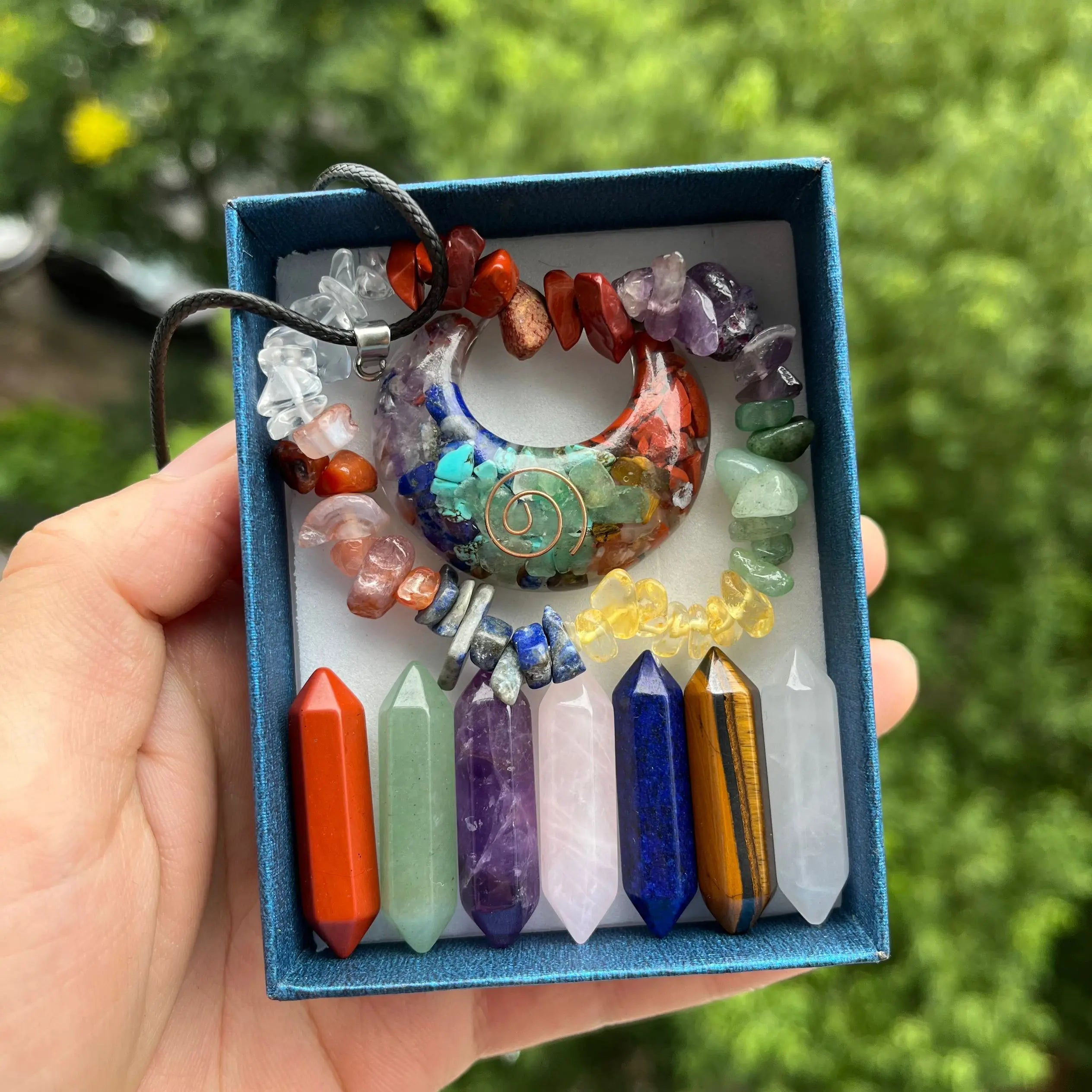🌈 9pcs Chakra Healing Quartz Crystal Set – Pointed Hexagon Gemstones for Meditation & Energy Balance