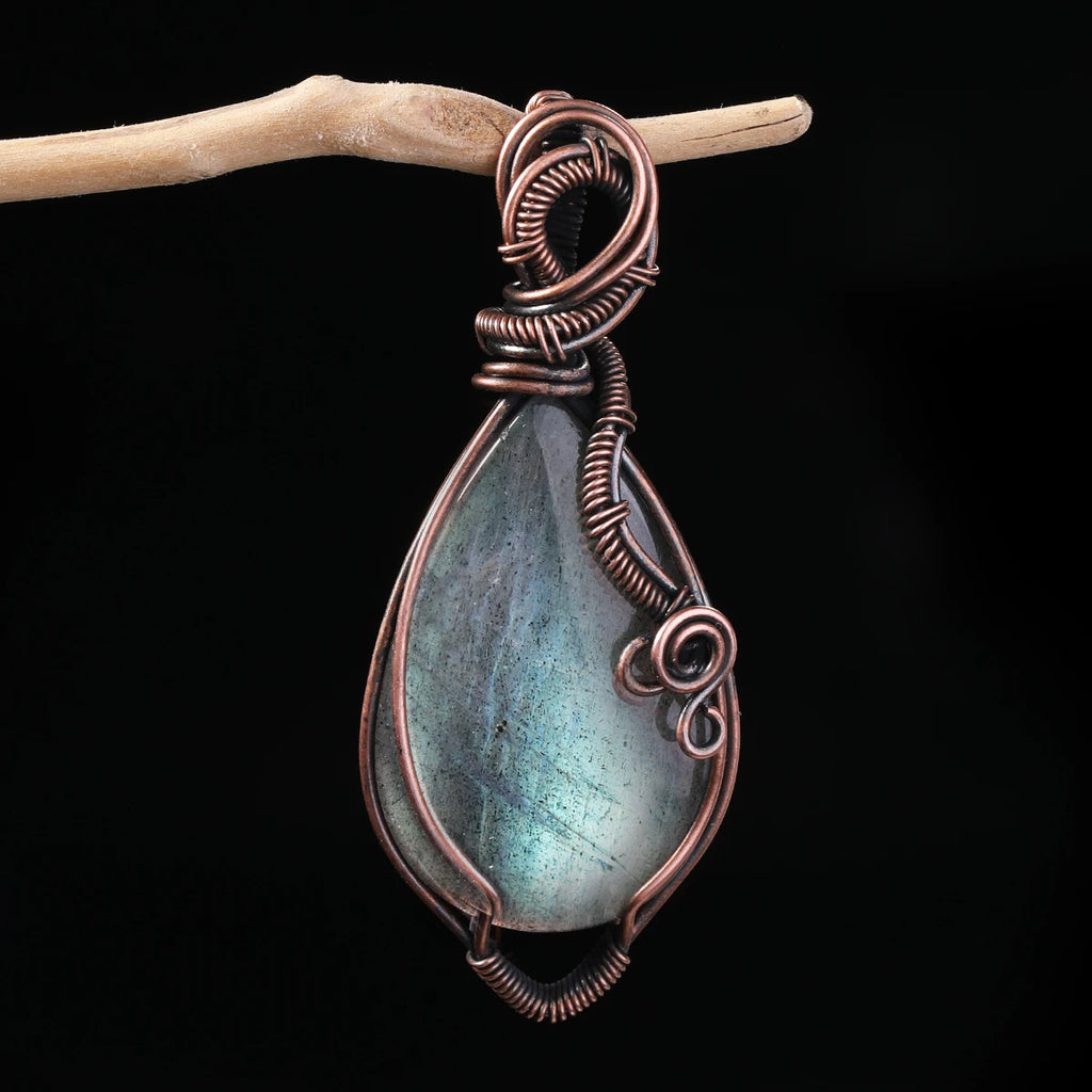 Handmade Copper Wire Wrapped Labradorite Pendant Necklace