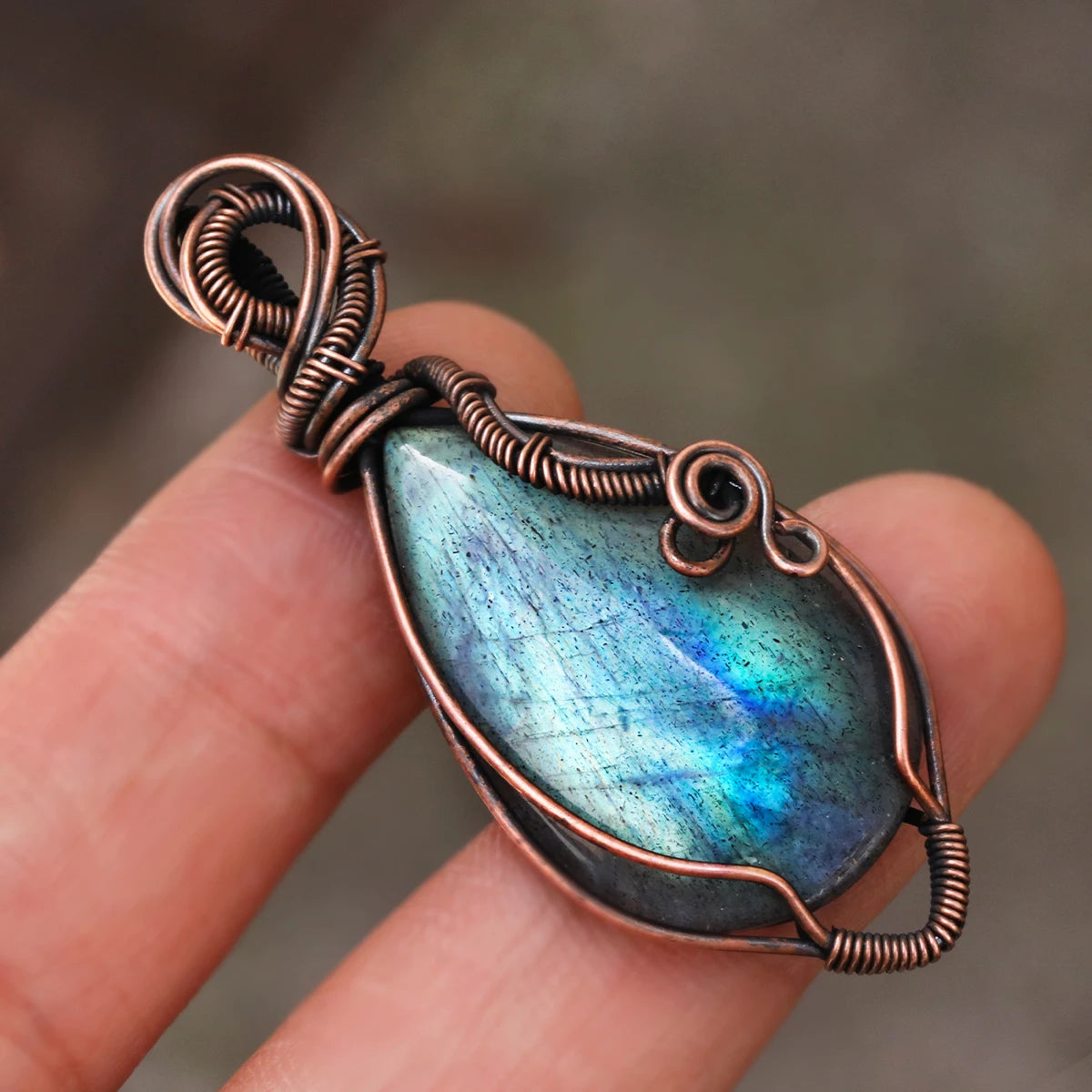 Handmade Copper Wire Wrapped Labradorite Pendant Necklace