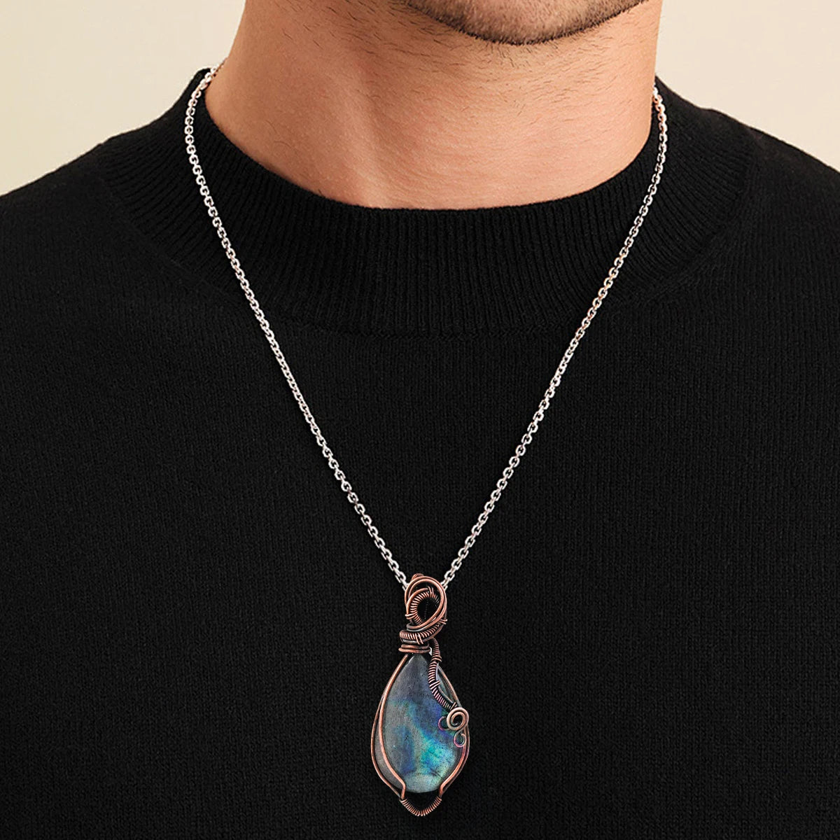 Handmade Copper Wire Wrapped Labradorite Pendant Necklace