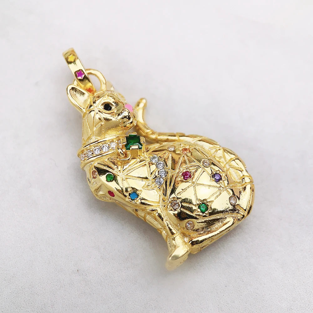 Celestial Cat Pendant – 925 Sterling Silver with Gold Finish & Multicolor Zircon