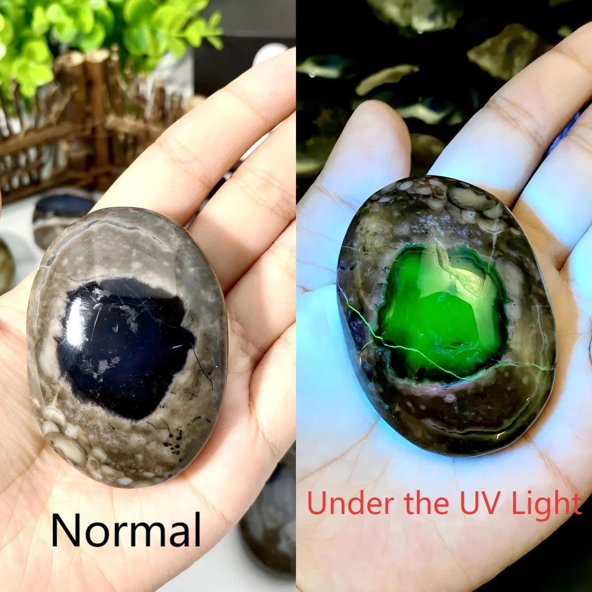 Volcanic Agate Manifestation Palm Stone – UV Fluorescent Crystal for Energy Protection & Transformation