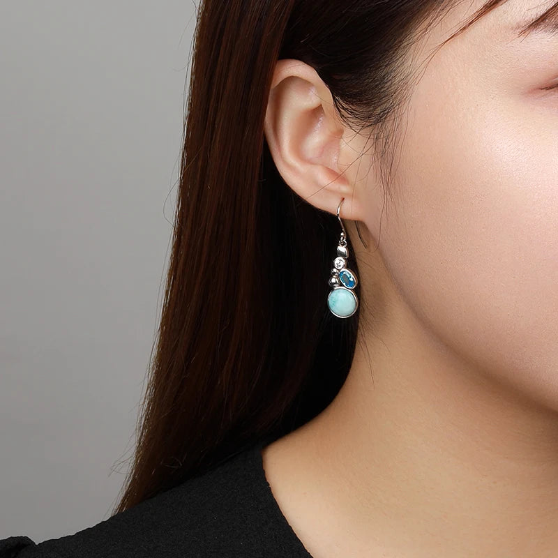 Ocean Whisper Larimar Cascade Earrings – 925 Sterling Silver with Platinum Plating for Serenity &amp; Manifestation