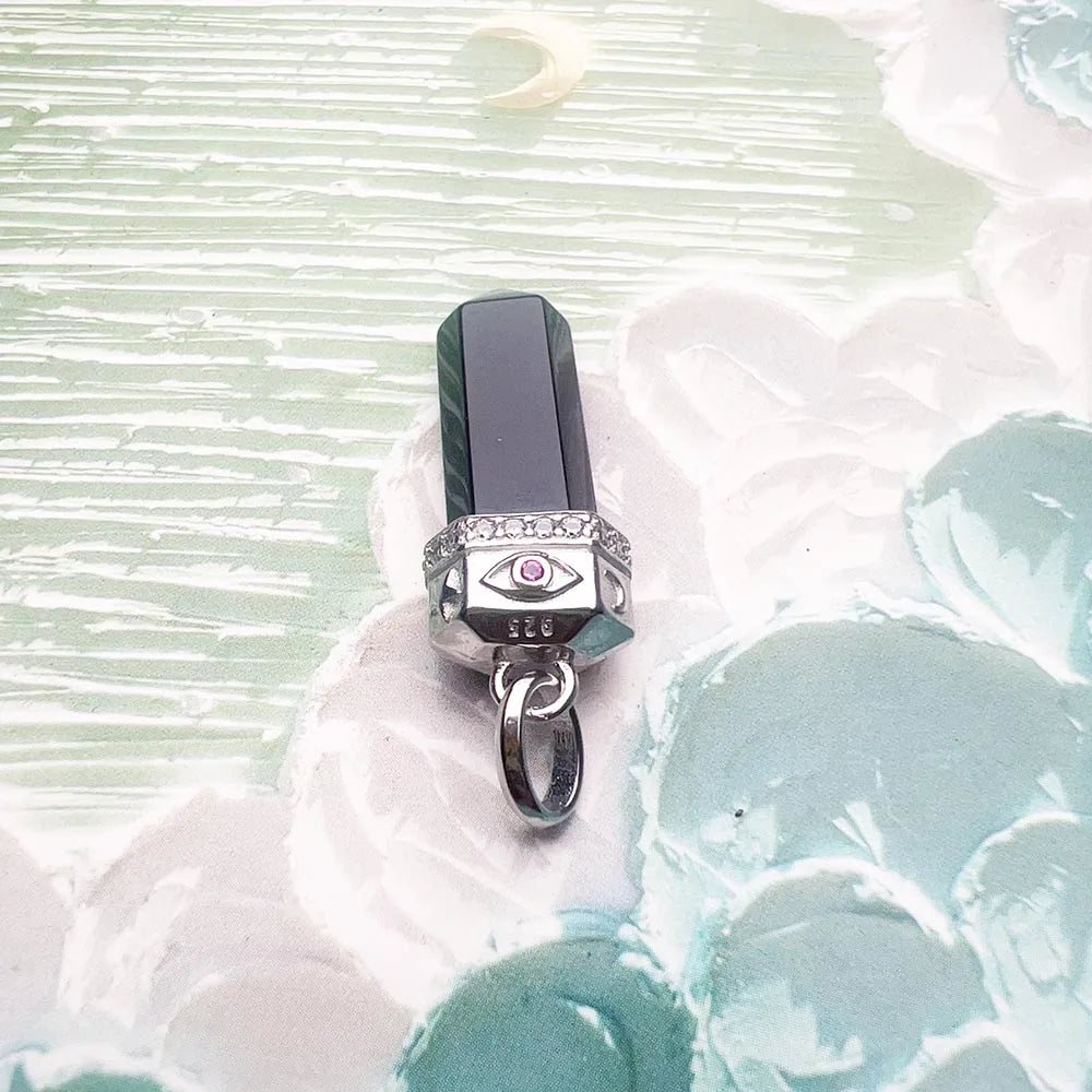 Black Onyx Hexagon Cosmic Pendant – 925 Sterling Silver with Engraved Celestial Symbols
