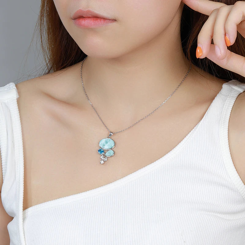 Celestial Cascade Larimar Pendant – 925 Sterling Silver with Platinum Plating for Peace & Manifestation