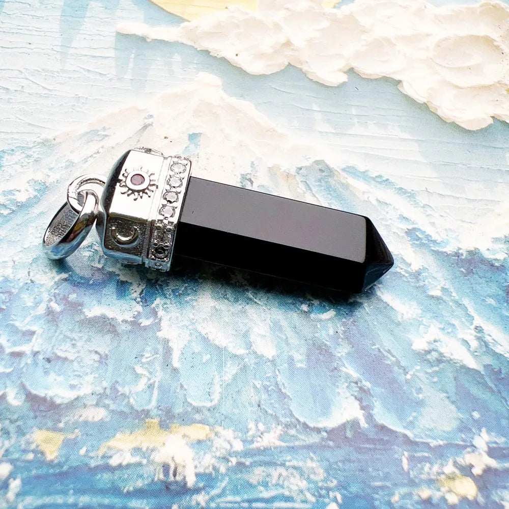 Black Onyx Hexagon Cosmic Pendant – 925 Sterling Silver with Engraved Celestial Symbols