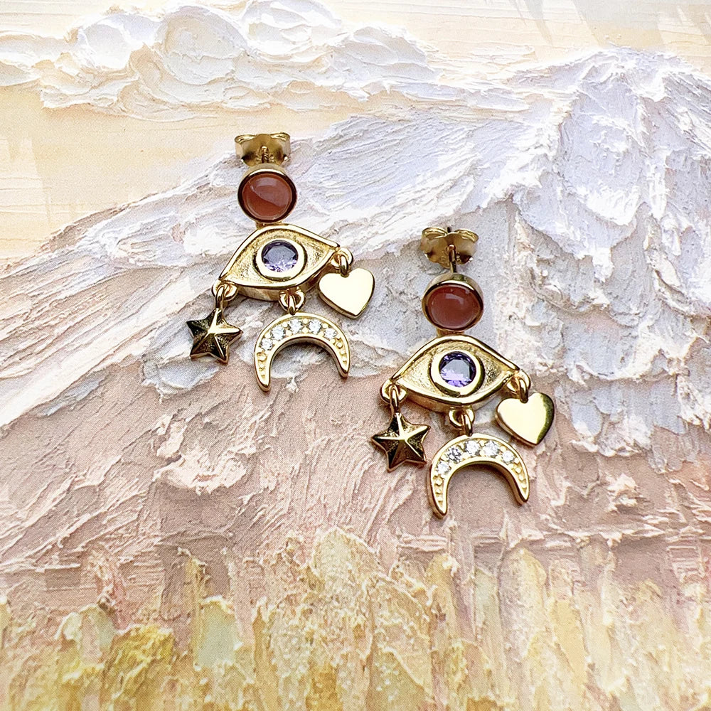 Cosmic Talisman Eye, Star, Moon & Heart Drop Earrings – 925 Sterling Silver with Zircon & 18k Gold Accents