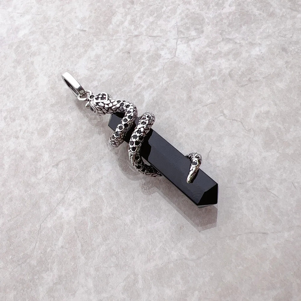 Mystical Snake & Black Onyx Pendant – 925 Sterling Silver Hexagon Crystal Necklace