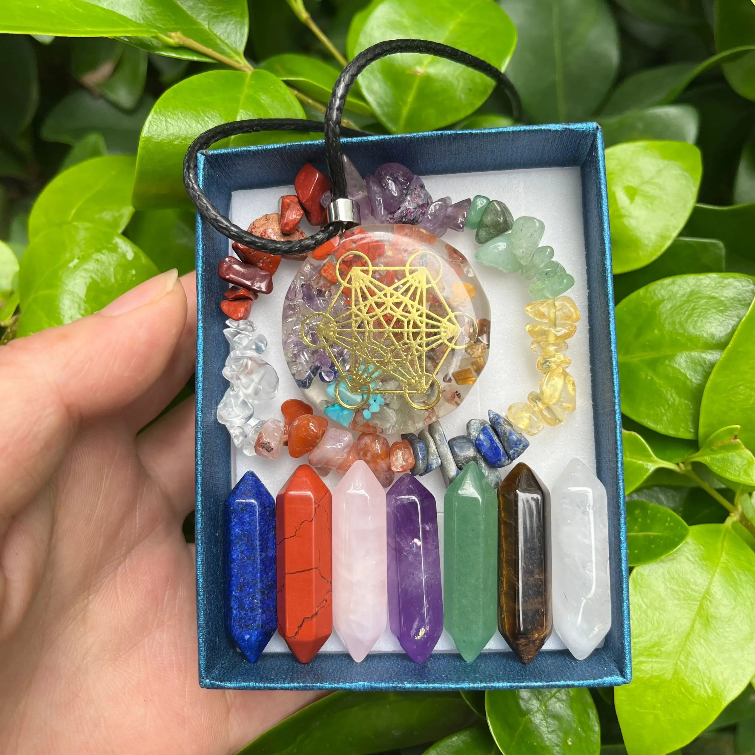 🌈 9pcs Chakra Healing Quartz Crystal Set – Pointed Hexagon Gemstones for Meditation & Energy Balance