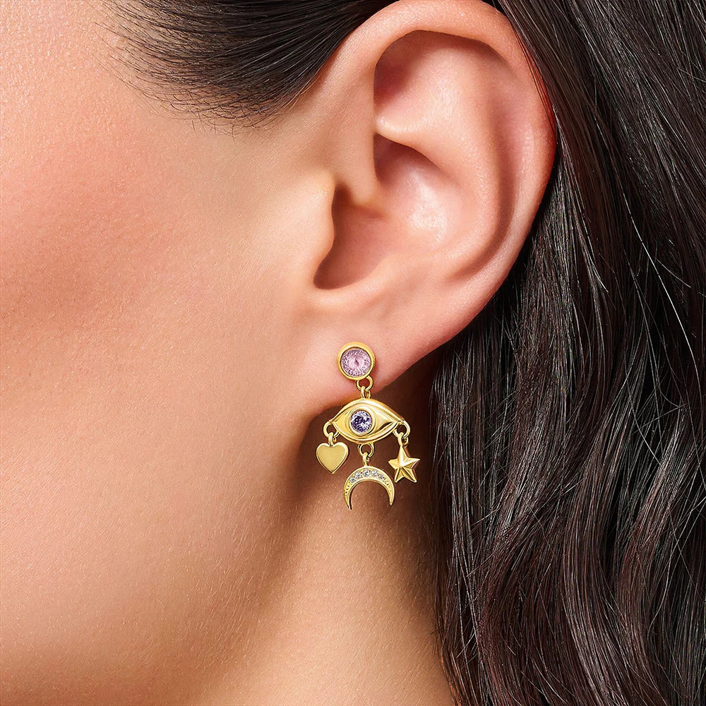 Cosmic Talisman Eye, Star, Moon & Heart Drop Earrings – 925 Sterling Silver with Zircon & 18k Gold Accents