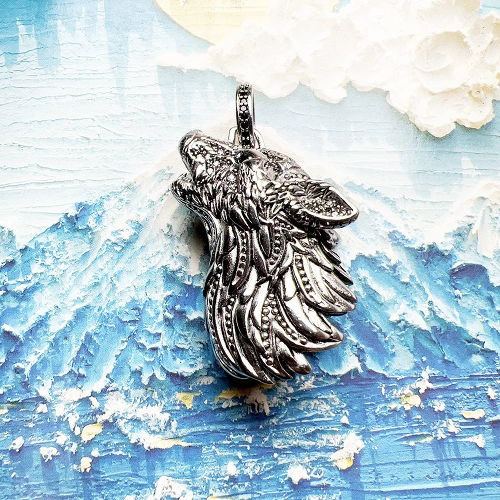 Howling Wolf Pendant – 925 Sterling Silver with Zircon Accents (Unisex)