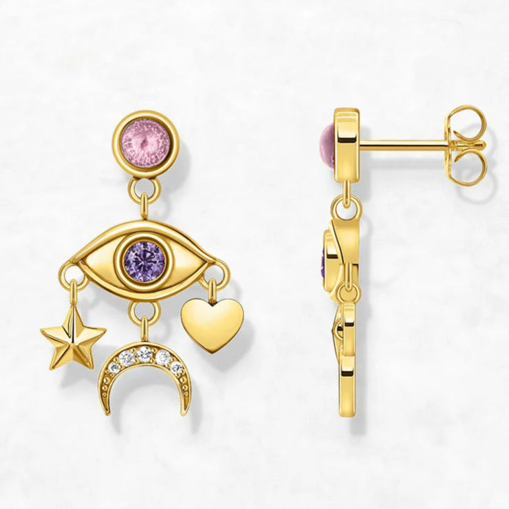 Cosmic Talisman Eye, Star, Moon & Heart Drop Earrings – 925 Sterling Silver with Zircon & 18k Gold Accents