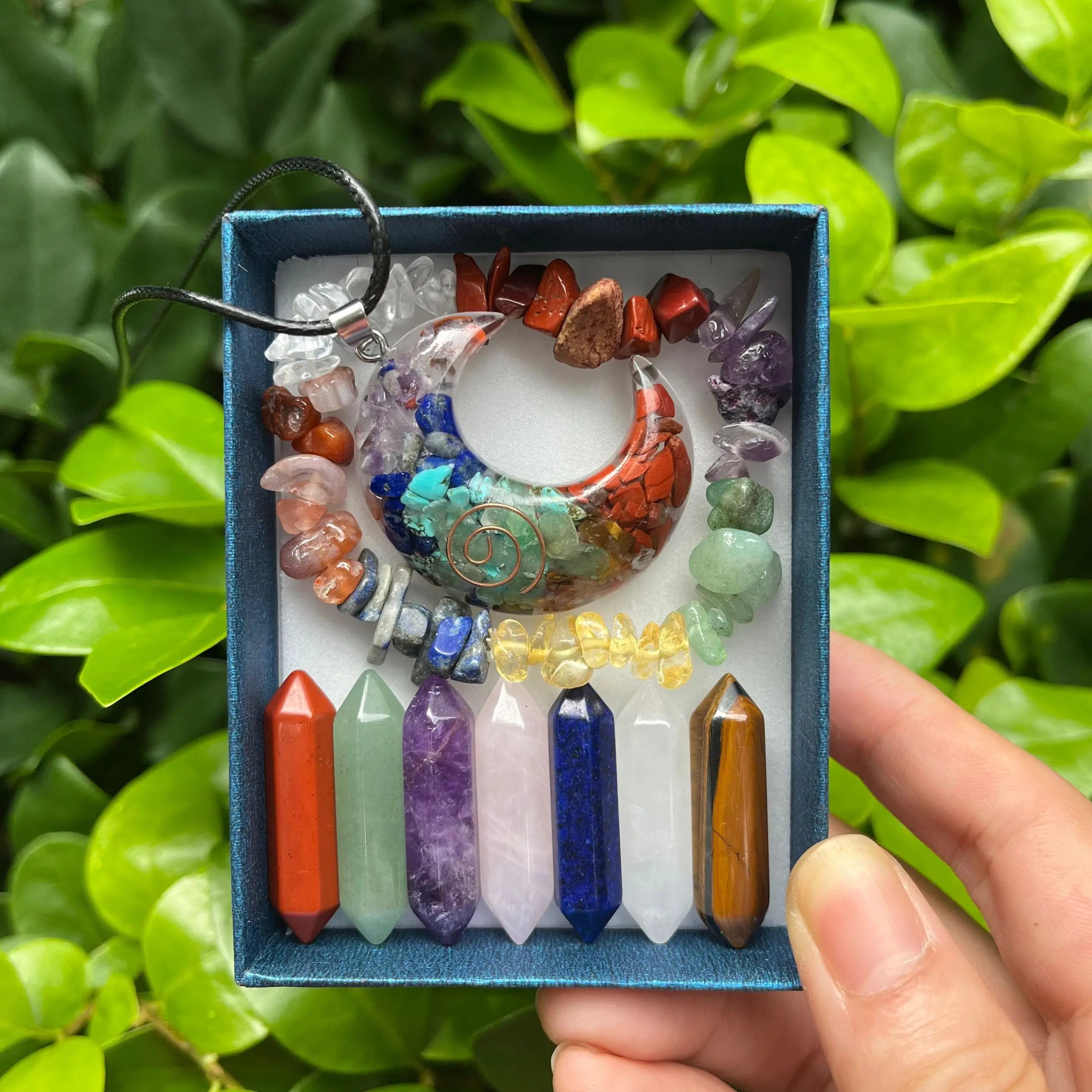 🌈 9pcs Chakra Healing Quartz Crystal Set – Pointed Hexagon Gemstones for Meditation & Energy Balance