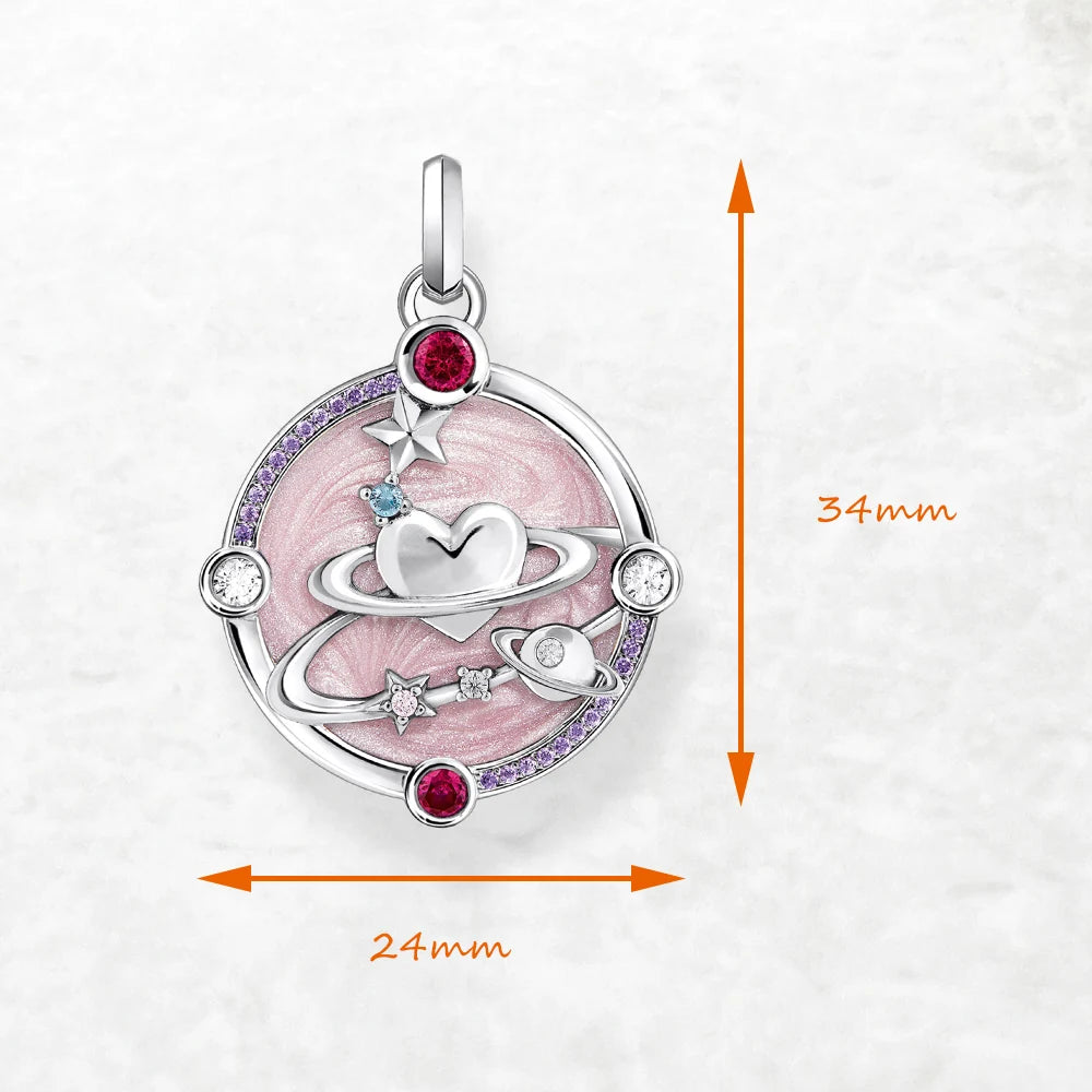 Brie & Marie Pink Heart Planet Pendant – 925 Sterling Silver Cosmic Talisman with Enamel & Zircon