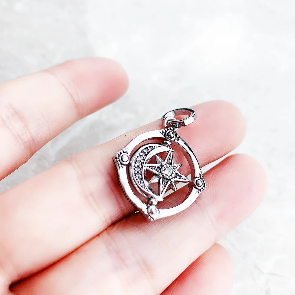 Brie & Marie Spinning Moon & Star Pendant – 925 Sterling Silver Cosmic Zircon Necklace