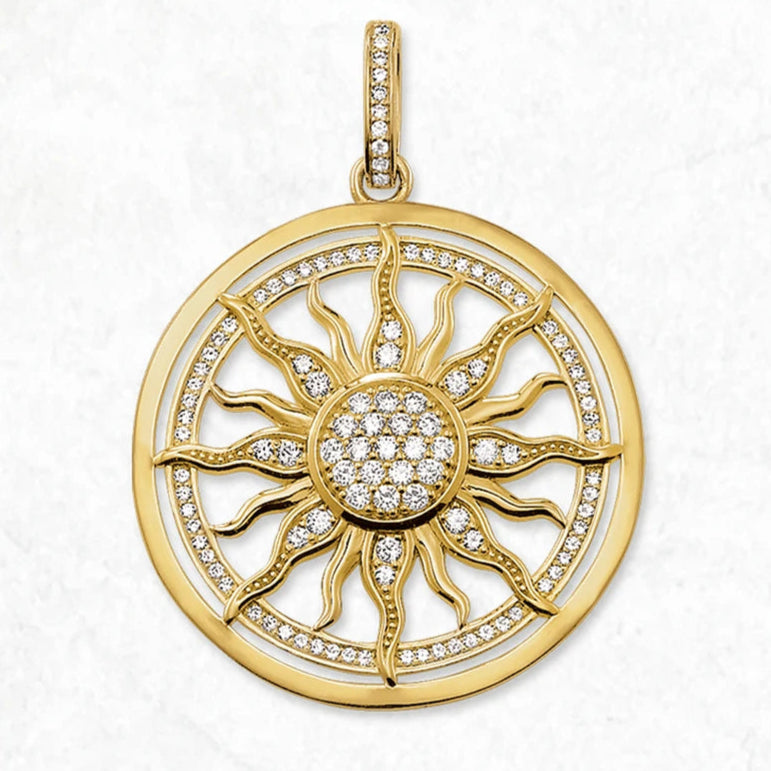 Golden Sun Amulet Pendant – 925 Sterling Silver with Zircon Accents